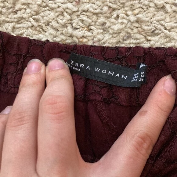Zara Womens Lace floral Culottes Trousers Pants Wide Leg Burgundy Medium - Picture 5 of 5